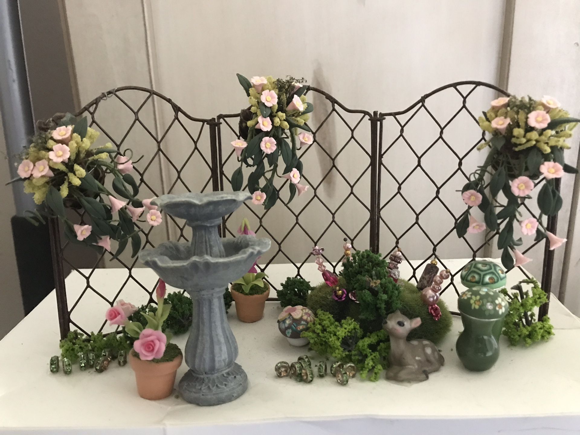 Miniatures! Scene of a Garden: Fawn, Fountain, Flowers, Trellis