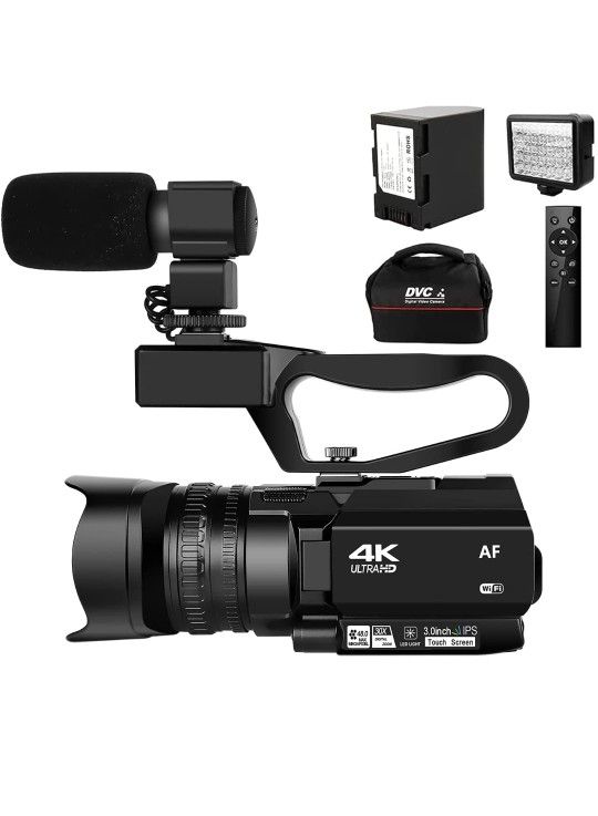 4K HD Newest Auto Focus Video Camera 48MP 60FPS 30X Digital Zoom Camera for YouTube with LED Fill Light Camcorder 4500mAh Battery, Remote Control, Han