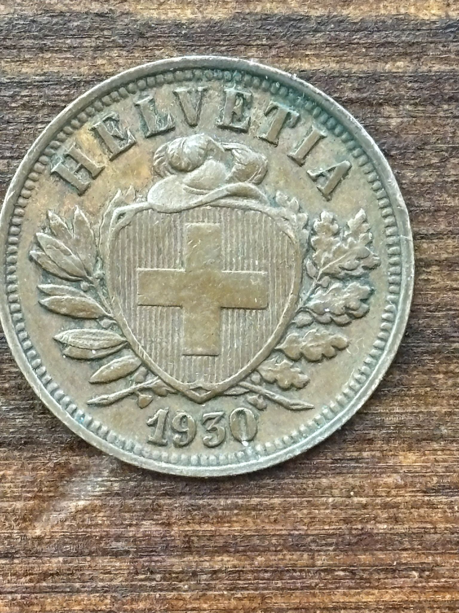 1930 Helvetia 2 Swiss Rappen Coin, Good Condition.