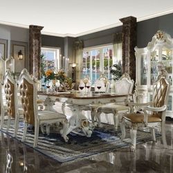 FORMAL 7 PIECE DINING ROOM TABLE SET ANTIQUE PEARL & CHERRYOAK FINISH
