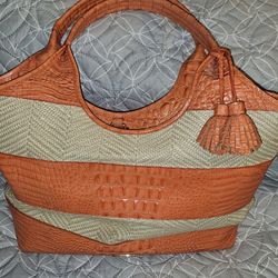 Brahmin Tote Bag Orange Alligator Natural Woven Stripes XXL