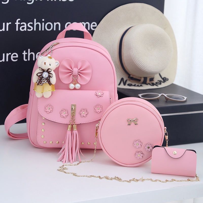 3pcs set of beautiful, fashionable youth girls pink PU leather casual backpack, shoulder bag/ clutch