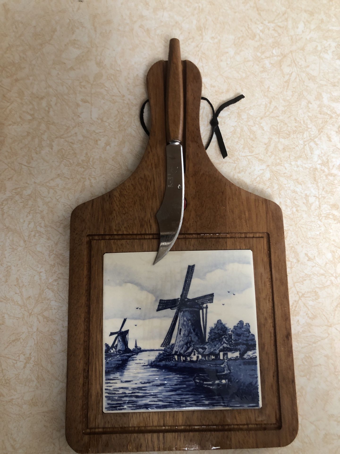 Vintage Delft Blue Windmill Tile & Wood Cheese Tray Cutting Board with Knife