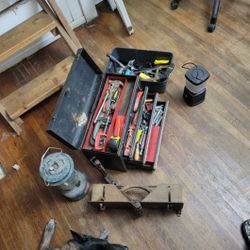 LOT of TOOLS: One Craftsman Rally Box, Tool Box, Plastic Bin Full Of Tools + Antique Mitre Box And Bessey Vise Clamp