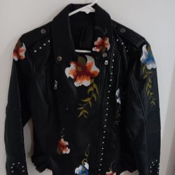 Women's Floral Embroidered Faux Leather Moto Jacket: Biker Bom (Handmade) 