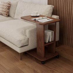 Wooden C Shaped End Table, 3-Tier End Table with Storage, Rolling Side Table with 2 Lockable Wheels 23.6" W, Small Accent Table for Living Room，Couch，