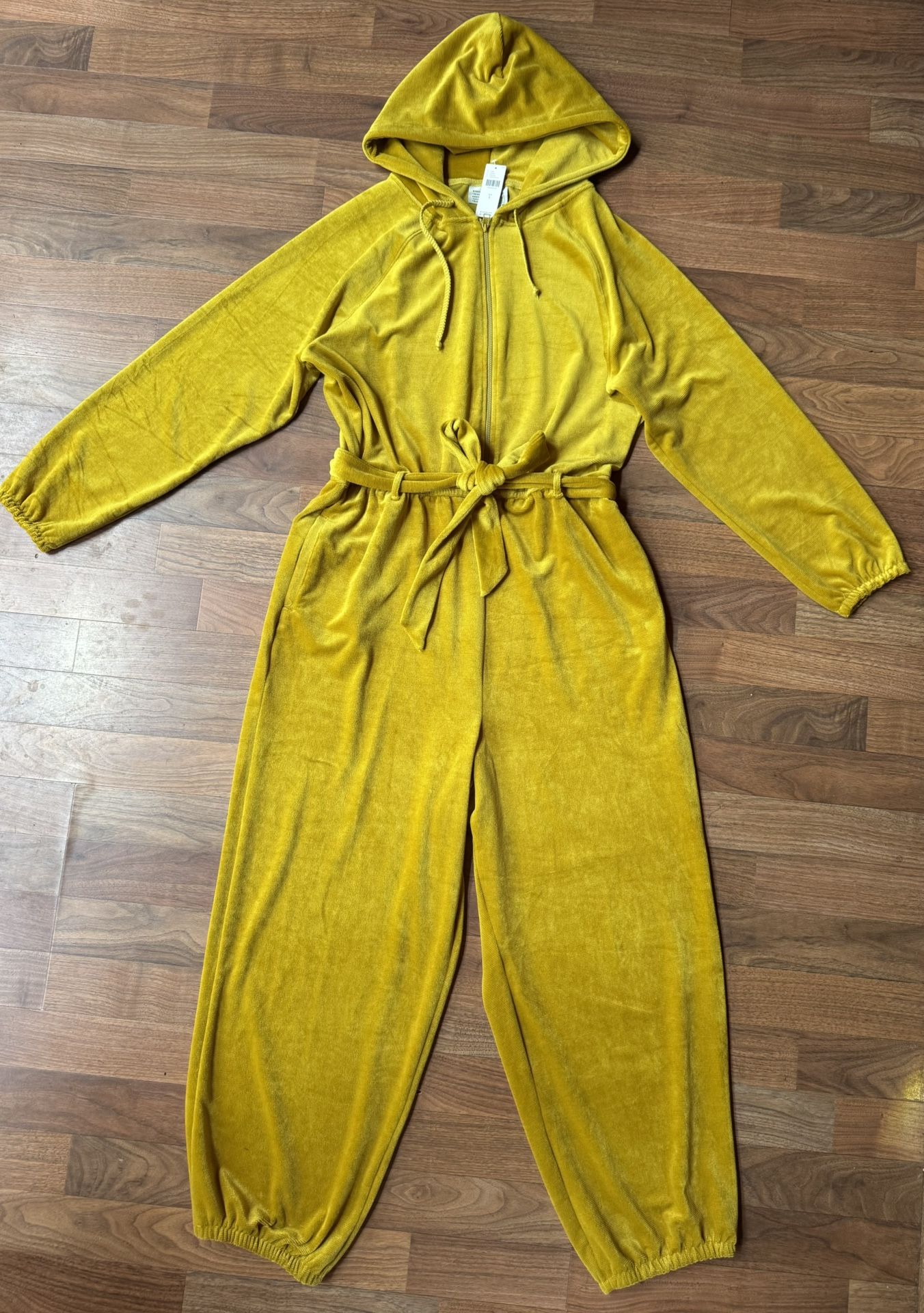 NWT Anthropologie Saturday Sunday Cozy Velvet Hooded Jumpsuit Chartreuse LRG