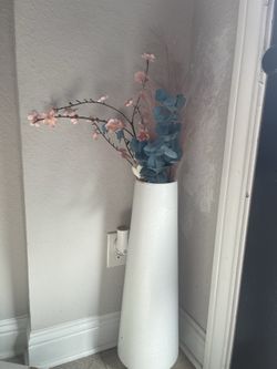 Tall White Ceramic Vase with Artificial Floral Arrangement - Decor Set