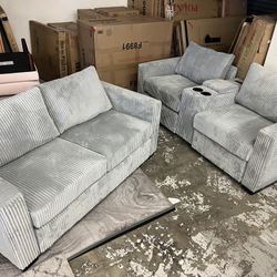 New Corduroy Couch / Love Seat.  Grey.  77x33x34H; 65x33x34H.  Free Delivery!