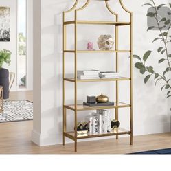 Gold frame glass arched shelf etagere storage book case