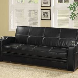 Brand New Black Leather Futon Sofa Converts Into Bed 