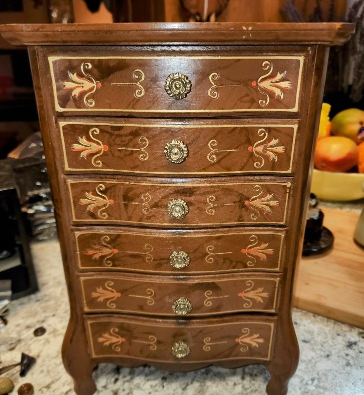 Mid Century Musical Wooden Jewelry Armoire Made by Price Imports Japan - Carved Gold Floral Design 6 Drawers