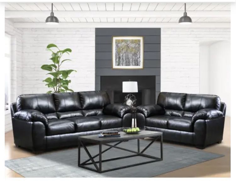 2pc Black Leather Sofa Set