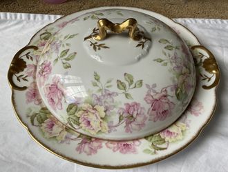 Antique Serving Platter Pink, Yellow, Lavender Flowers Gilded 