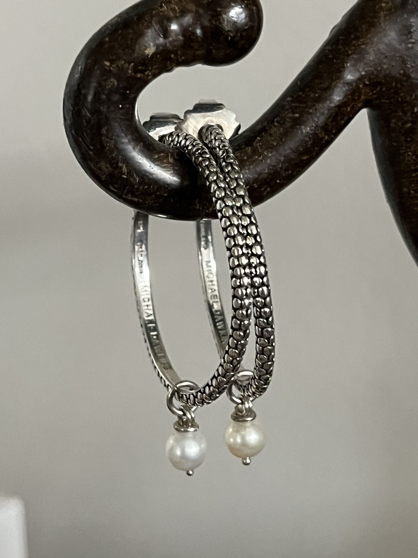 Designer Michael Dawkins Sterling Silver Snake Pattern Hoop Earrings w/Removable Pearl Drops Org. $85