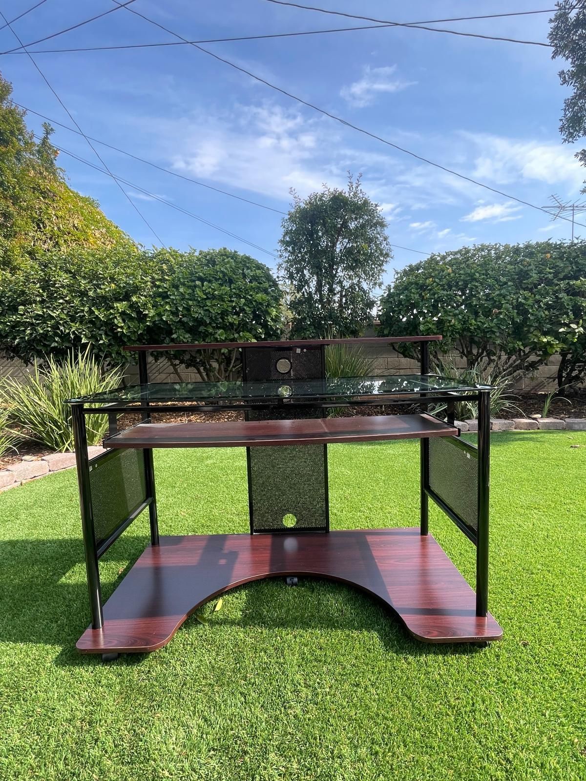 Multi-tier glass and wood computer desk