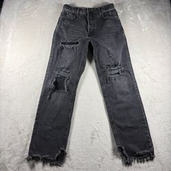 We The Free Free People Women's 26 Black Frayed Ankle Ripped Baggy Jeans #1817