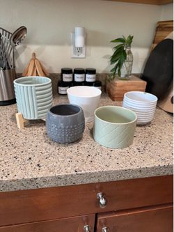 Set of 5 green gray planter pot ceramic succulent garden plant  floral pot