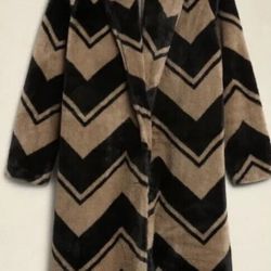  Chevron Faux-Fur Belted Long Coat