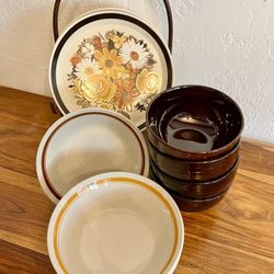 Retro 1960s-70s Kitchenware Set - Mikasa Studio Kraft Floral Plate, Brown Bowls & Stoneware