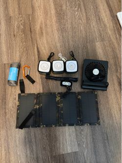 Camping - reading headlight, fan, rope, 3 small lights, solar panel charger, etc