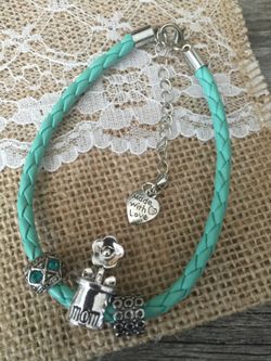 "Mom" aqua teal braided band with charms