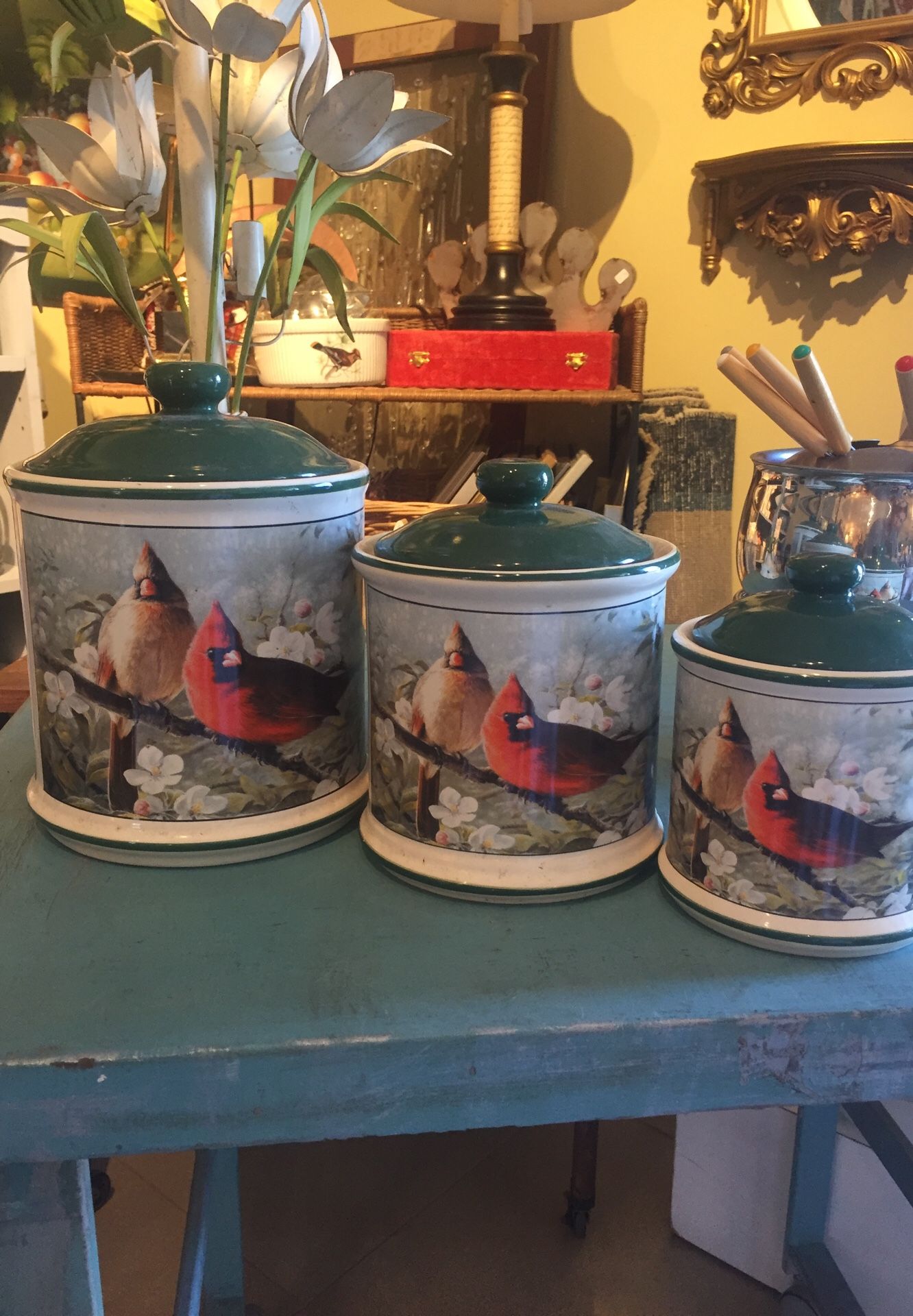 3 canisters kitchen Containers, flower sugar coffee perhaps, ceramic, Cardinals, let’s get organized