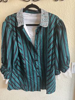 Halloween victorian costume Teal Striped Blouse with Lace Collar 2XL