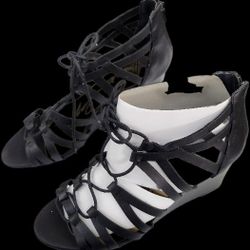 American Rag Cie Black Women Shoes Leather 3" Wedge Heel Lace-Up Sandals Back Zip Open Toe Size 10