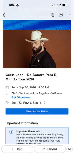 🎟️ VENDO 2 BOLETOS PARA CARÍN LEÓN – BMO STADIUM 🎶