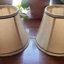 2 Vintage Lt Beige Silk Shantung Fabric Paneled Wide Bell Lamp Shades