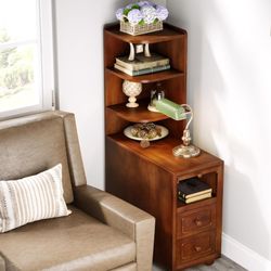 SET OF 2 Solid Wood End Table with Drawers and Reversible Corner Shelves, Tall Narrow Side and pull out tray Walnut BRAND NEW in boxes read descriptio