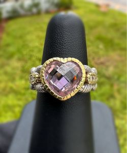 Judith Ripka Jewelry .925 sterling silver 18k yellow gold pink CZ Heart Natural diamond 3.10CTW Ring size 6.75