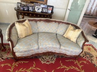 Antique carved wood frame sofa with light blue fabric mint!