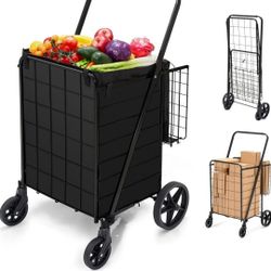 Grocery Cart on Wheels with Removable Liner, Folding Shopping Cart,Heavy Duty Shopping Carts