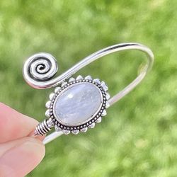 Natural Rainbow Moonstone 925 Silver Adjustable Wrap Bangle Bracelet