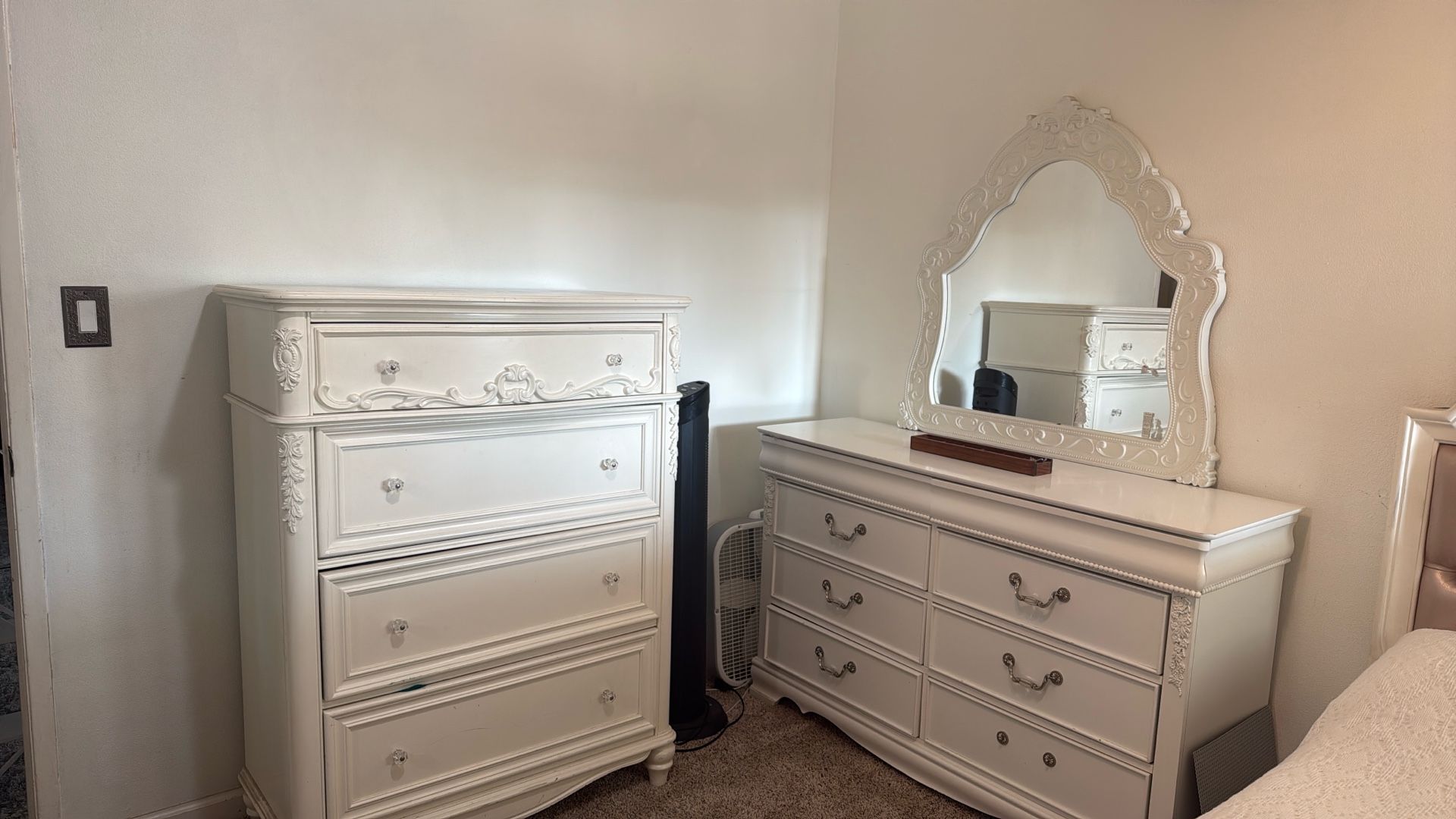 White Dresser, Mirror, Nightstand, 4 Door Chest Drawers