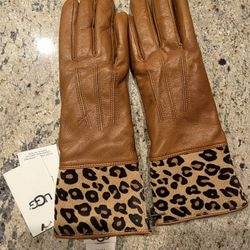 UGG Touchscreen Compatible Leather Gloves (Brown & Cheetah Print) -- Size Medium