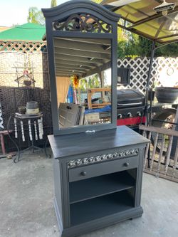 Shabby rustic furniture solid gray wood with drawer / mirror/ shelf - 80 inches tall /  36 inches wide / 19 inches deep .