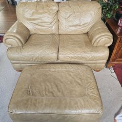 Tan/beige Leather Large Love Seat And Ottoman