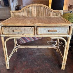 Vintage 1970 Bamboo & Rattan Vanity or Desk - 36x21x38 