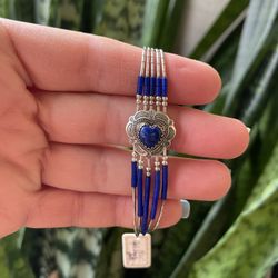 Sterling Silver and Blue Beaded Lapis Lazuli Heart Bracelet