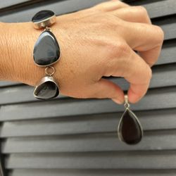Vintage Pair 2 Mexico 925 Sterling Silver Black Onyx Bracelet Pendant Jewelry Set Signed Natural Gemstone Collectible Stones Native 