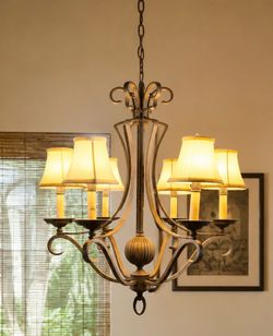 6-Light Bronze Chandelier with Scroll Design & Matching Fabric Shades