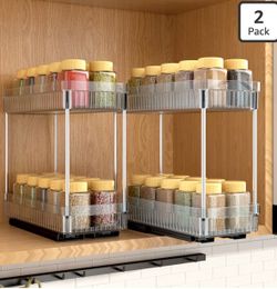 2 Pack Pull Out Spice Rack Organizer for Cabinet, 2 Tier Slide Out Spice Racks Organizer, Spice Cabinet Organizers, Cabinet Size Need:12'' High x 11''