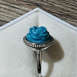 Handcarved Turquoise Rose Ring 925sterling Silver Round Ring Size Fixable 