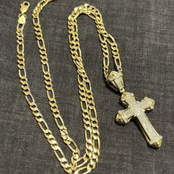 14k Figaro Necklace W/ 10k Diamond Cross