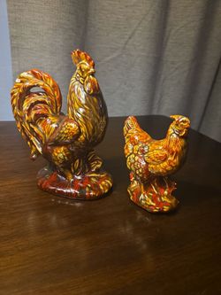 Ceramic Rooster and Hen Figurine Set