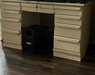 FREE White Wood Desk with Drawers  and Glass outdoor table & Lounge Chair FREE