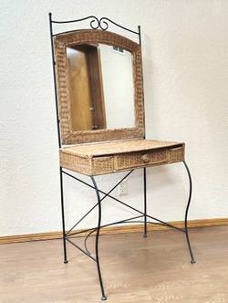1960s/70s Iron Wicker Vanity Makeup Table + Mirror 29×27